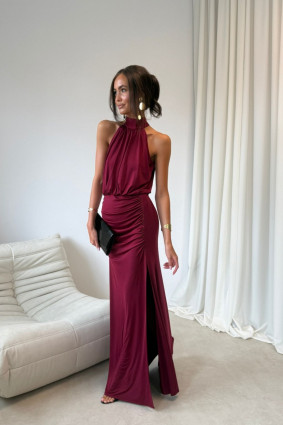 Rochie maxi lungă bordo cu despicătură