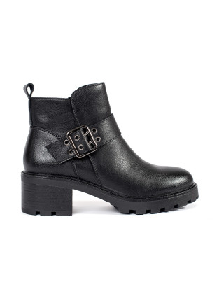 Botine negre din piele cu toc și cataramă decorativă