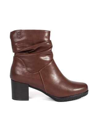 Botine din piele maro cu toc bloc și guler plisat Sergio Leone