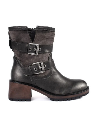 Botine metalice maro închis cu toc și catarame