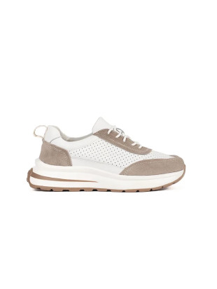 Pantofi sport din piele perforată cu talpă groasă în alb-bej
