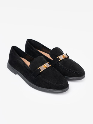 Mocasini negri din suede cu decor elegant auriu