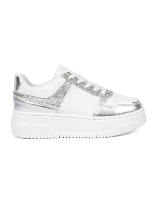 Sneakersi alb-argintii cu detalii strălucitoare
