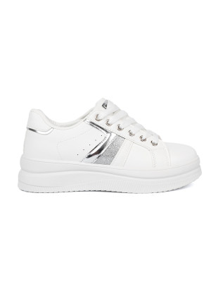 Sneakersi albi cu accent metalic argintiu