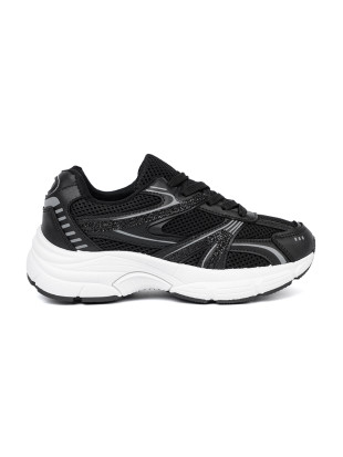 Sneakers negri cu plasă și talpă albă