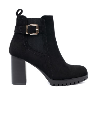 Botine negre cu toc bloc și cataramă decorativă