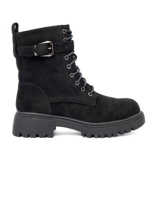 Botine negre cu cataramă și șnururi