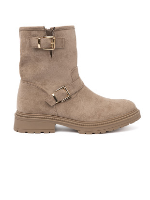 Botine bej din velur cu catarame decorative