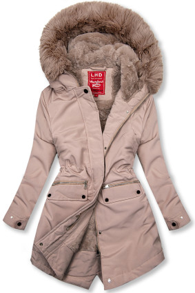 Parka bej-roz cu pluș și blană