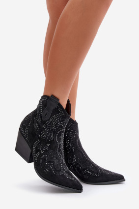 Botine negre decorate cu toc din piele întoarsă ecologică