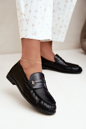 Mocasini negri din piele ecologică întoarsă cu detaliu decorativ