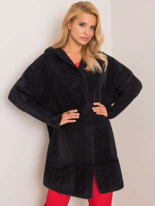 Palton negru din alpaca cu glugă