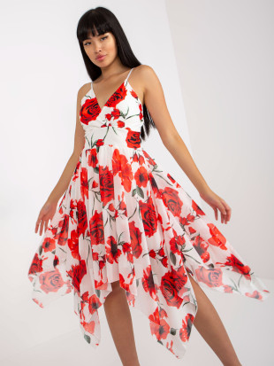Rochie albă-roșie cu flori pe bretele