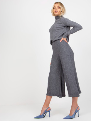 Pantaloni largi gri închis din tricot cu talie elastică