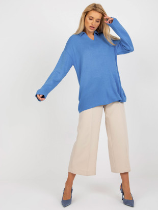 Pulover lung oversize albastru cu guler RUE PARIS
