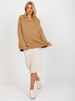 Pulover oversize pentru femei, camel, cu guler RUE PARIS