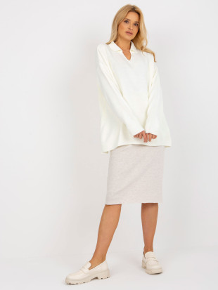 Pulover lung oversize ecru cu guler RUE PARIS