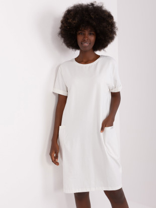 Rochie basic ecru din bumbac până la genunchi