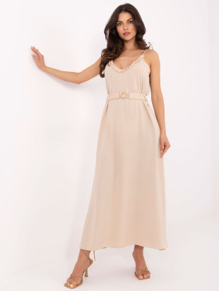 Rochie maxi bej cu volane
