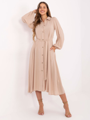 Rochie midi elegantă bej cu mâneci lungi