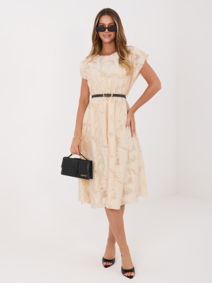 Rochie midi bej evazată cu curea