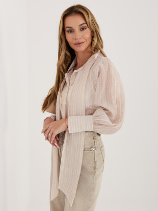 Cămașă bej cu dungi, legare și mâneci bufante