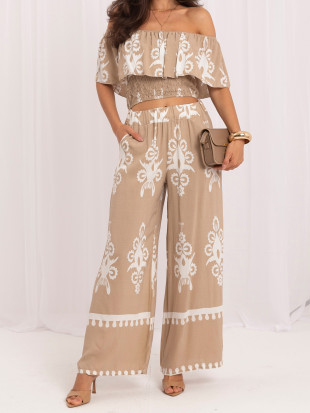 Set boho bej cu imprimeu și umeri goi