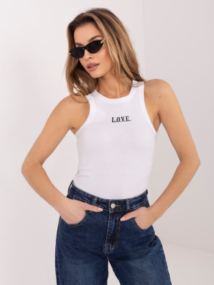 Top alb din bumbac cu broderie și inscripție