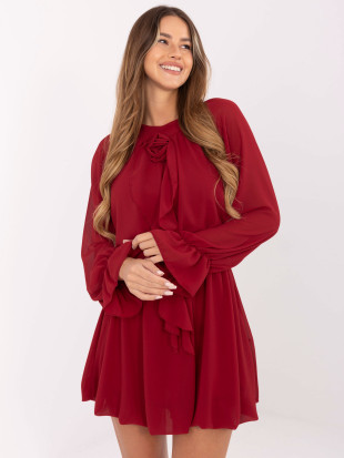 Rochie mini bordo evazată cu volan