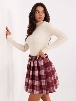 Fustă mini bordo cu model în carouri și curea