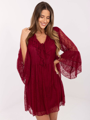 Rochie mini bordo în A cu dantelă și șnur