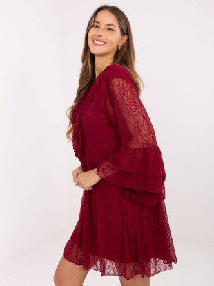 Rochie mini bordo în A cu dantelă și șnur