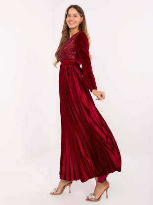 Rochie maxi bordo cu curea și paiete