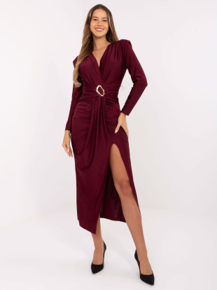 Rochie midi tip creion bordo cu decolteu petrecut și mâneci lungi