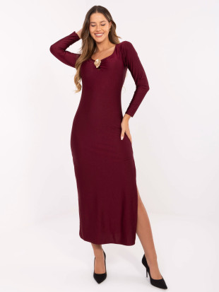 Rochie midi tip creion bordo cu mâneci lungi și decolteu în V