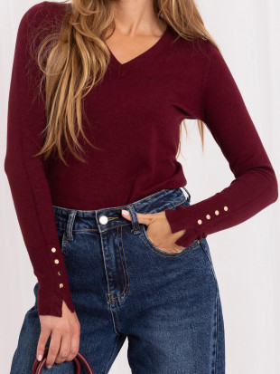 Pulover elegant bordo cu decolteu în V și nasturi