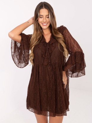 Rochie mini maro evazată cu dantelă și șnur