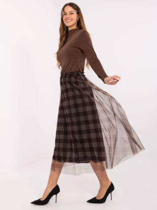 Fustă midi elegantă maro cu model în carouri