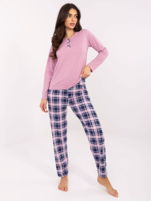 Pijamă damă cu mânecă lungă, roz, cu model în carouri