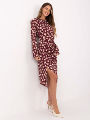 Rochie midi bordo cu model geometric și mâneci lungi