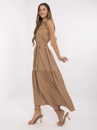 Rochie maxi cu volane și curea în culoarea camel