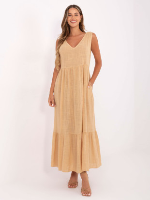 Rochie maxi cu decolteu în V în culoarea camel