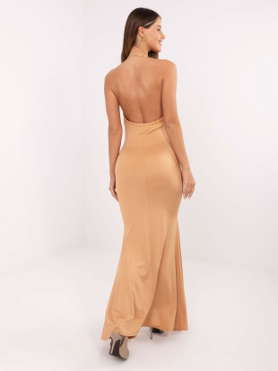 Rochie maxi elegantă camel cu decolteu tip cascadă