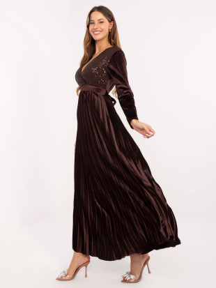 Rochie maxi elegantă cu curea și paiete, maro