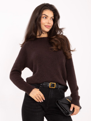 Pulover maro din alpaca cu decolteu rotund