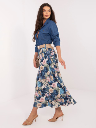 Fustă midi elegantă cu imprimeu floral și curea, albastru închis