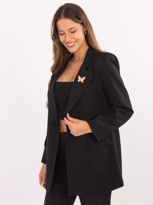 Sacou elegant negru cu căptușeală și broșă