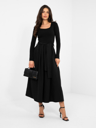 Fustă midi neagră elegantă cu curea și buzunare