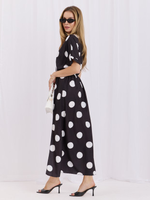 Rochie midi negru-alb cu buline și decolteu petrecut