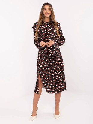 Rochie midi neagră cu model geometric și drapaje